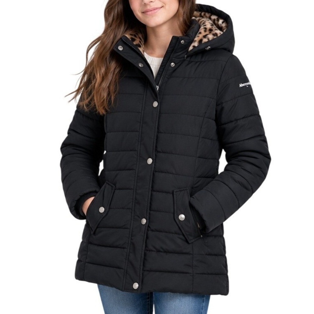 Abercrombie Black Puffer Parka Leopard Faux Fur Hood Jacket Girl's 15/16